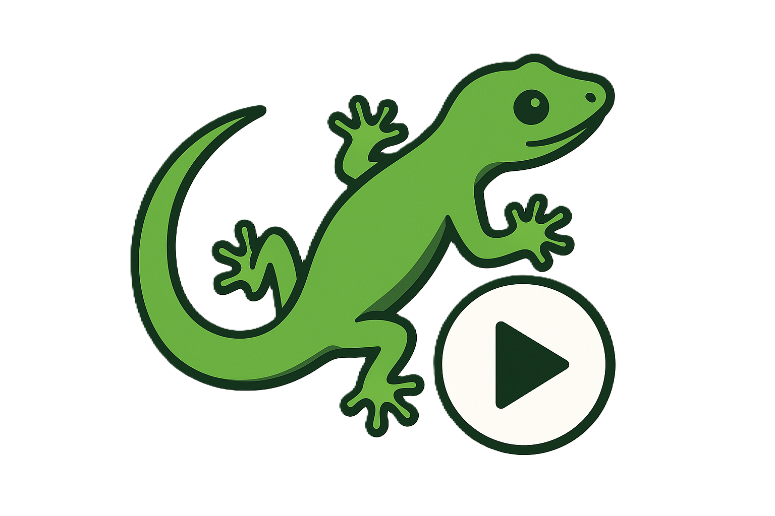 logo van gecko media, Groene cartoon hagedis met afspeelknop symbool, mogelijk logo of pictogram voor video of media.