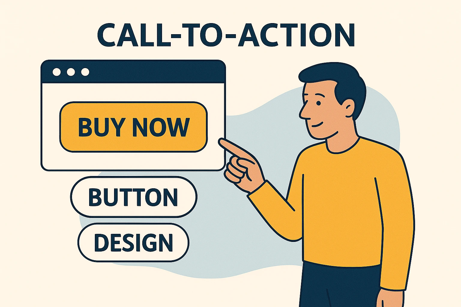 Illustratie van een call-to-action knop met de tekst "Buy Now" en een persoon die erop wijst.