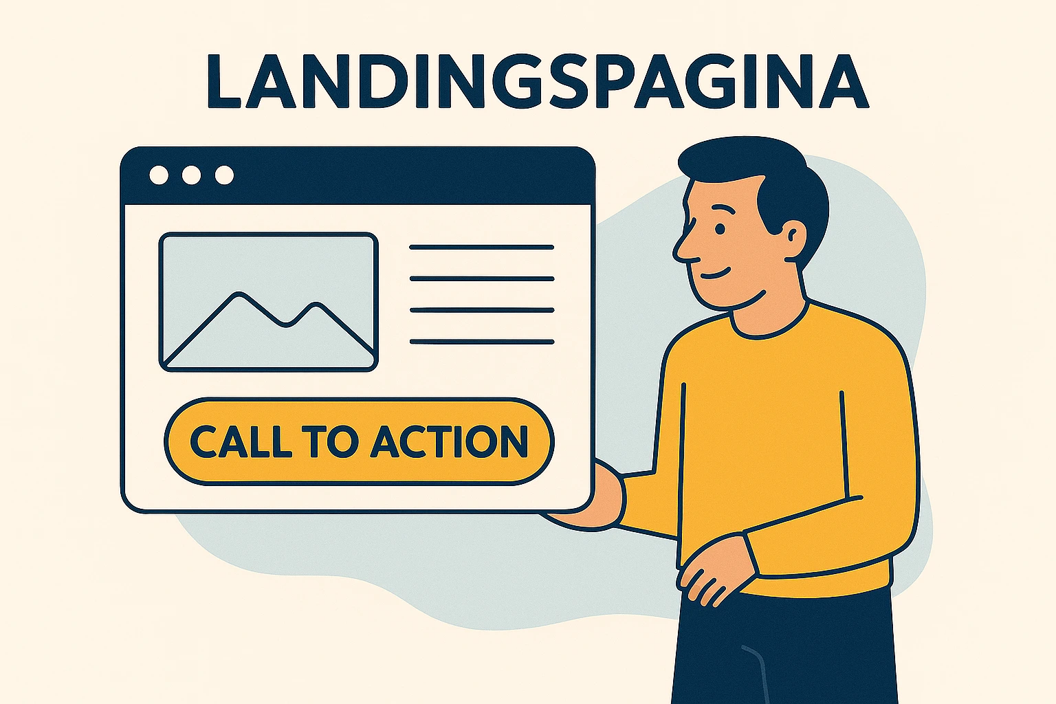 Illustratie van een landingspagina met afbeelding, tekst en call-to-action knop.