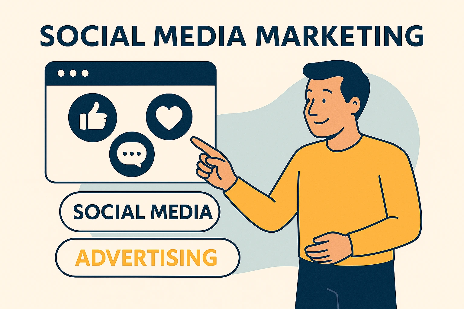 Illustratie van social media marketing met like-, hartje- en chaticoon en een persoon die wijst naar een scherm.