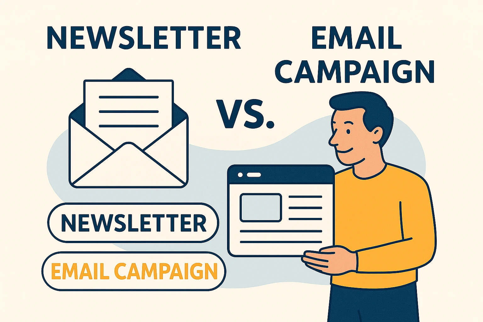 Illustratie van een nieuwsbrief versus een e-mailcampagne, met envelop en webpagina als symbolen.
