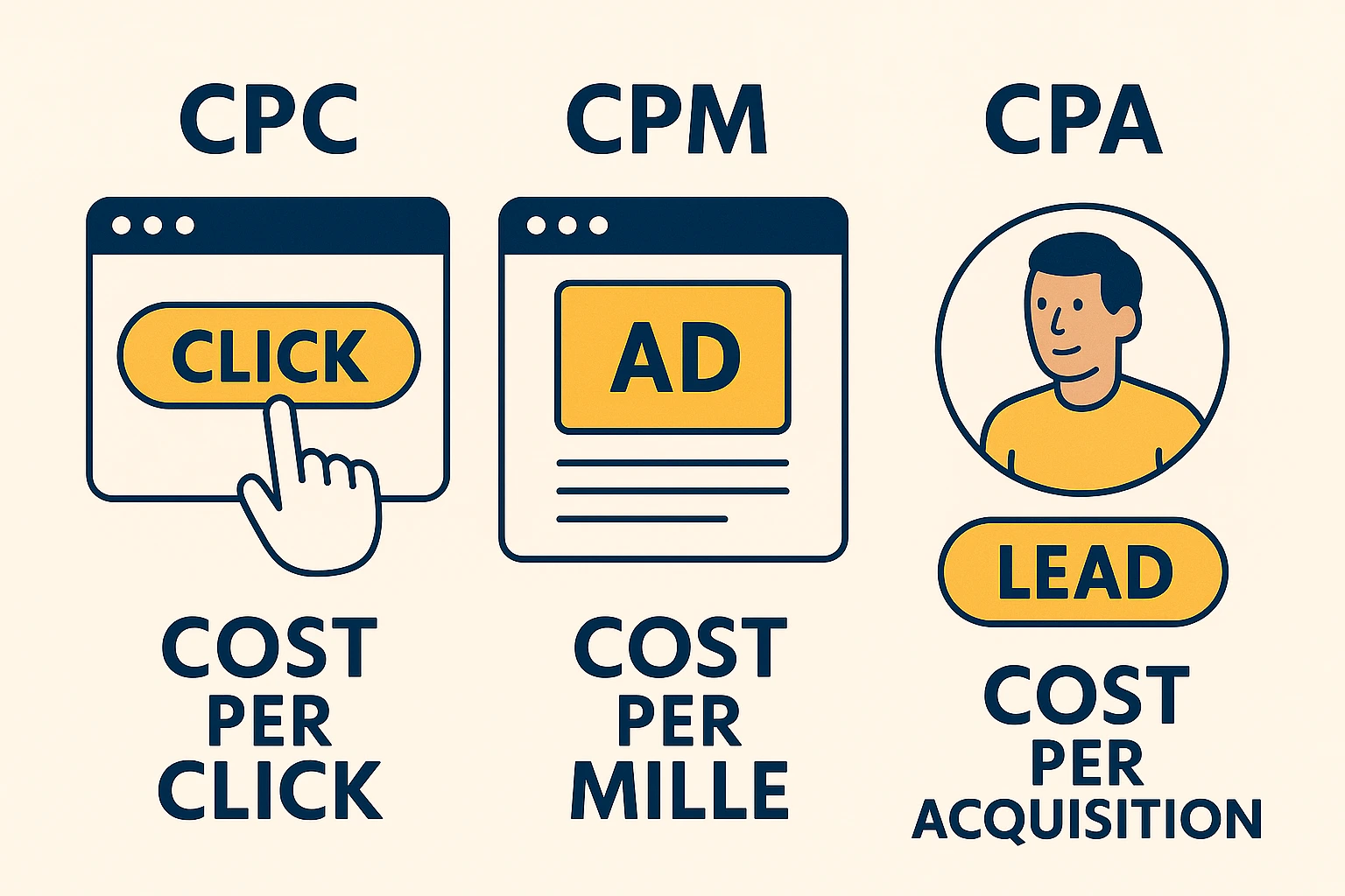 Illustratie van advertentie-indicatoren CPC (Cost Per Click), CPM (Cost Per Mille) en CPA (Cost Per Acquisition) met bijbehorende iconen.