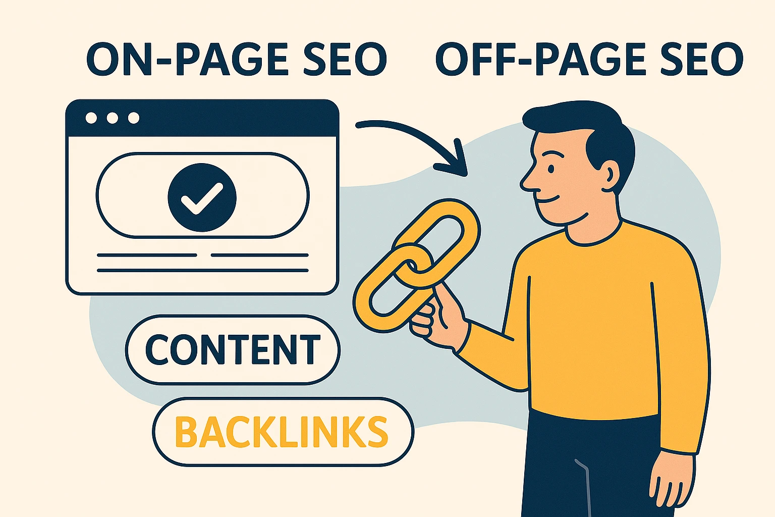 Illustratie van on-page SEO met content en off-page SEO met backlinks, weergegeven door een persoon met een link-icoon.