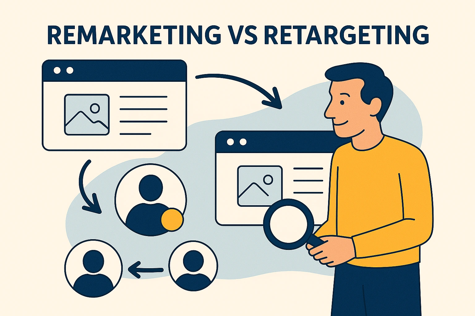 Illustratie van het verschil tussen remarketing en retargeting met gebruikerspictogrammen, webpagina’s en pijlen.