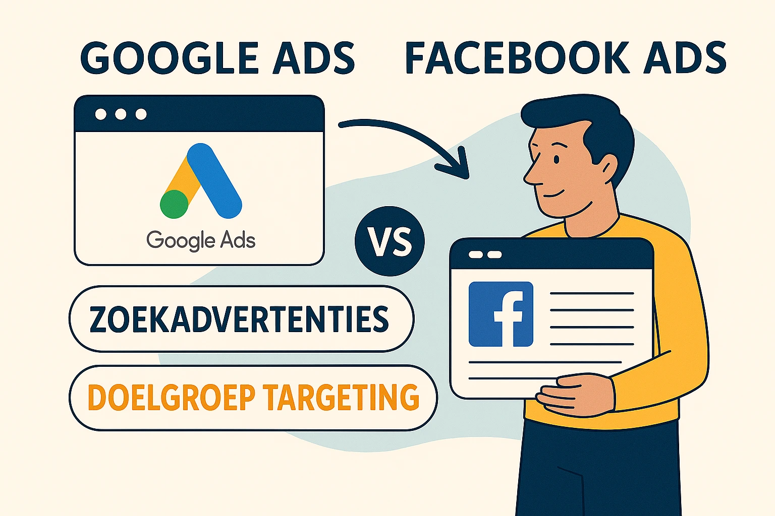 Illustratie van Google Ads en Facebook Ads met focus op zoekadvertenties versus doelgroep targeting.