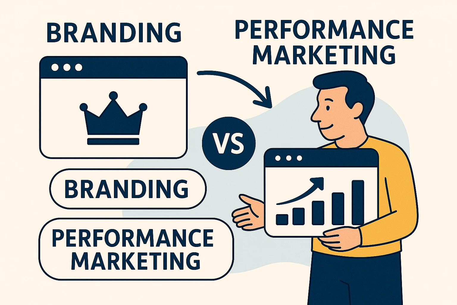 Illustratie van branding versus performance marketing met kroonicoon en grafiek, uitgelegd door een persoon.