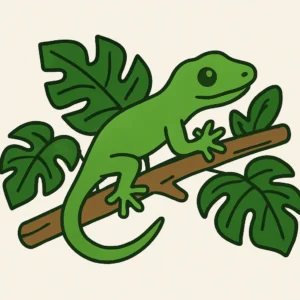 Groene hagedis op een boomtak omringd door tropische bladeren, illustratie in cartoonstijl.