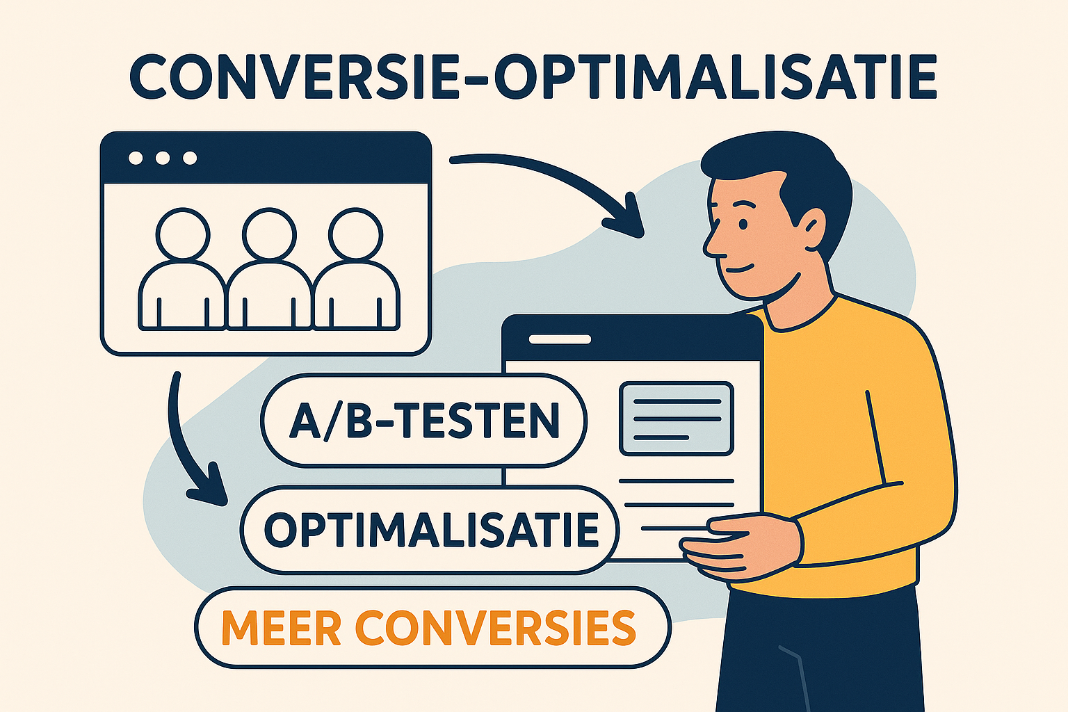 Illustratie van conversie-optimalisatieproces met A/B-testen, optimalisatie en toename van conversies.