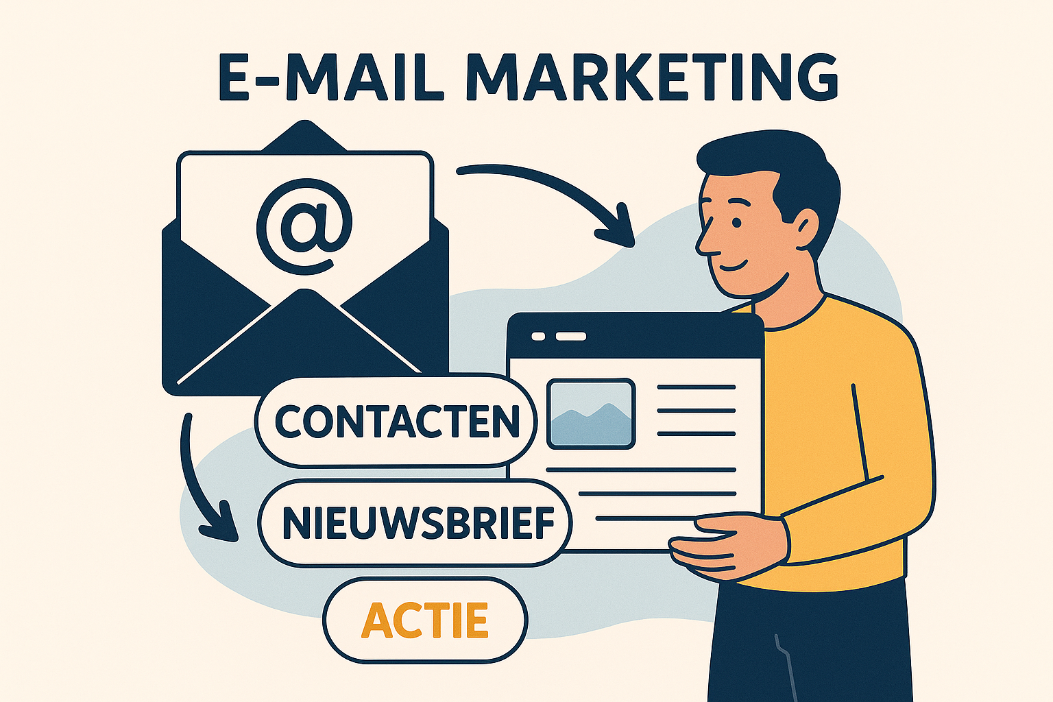 Illustratie van e-mailmarketing met contactbeheer, nieuwsbriefverzending en call-to-action.