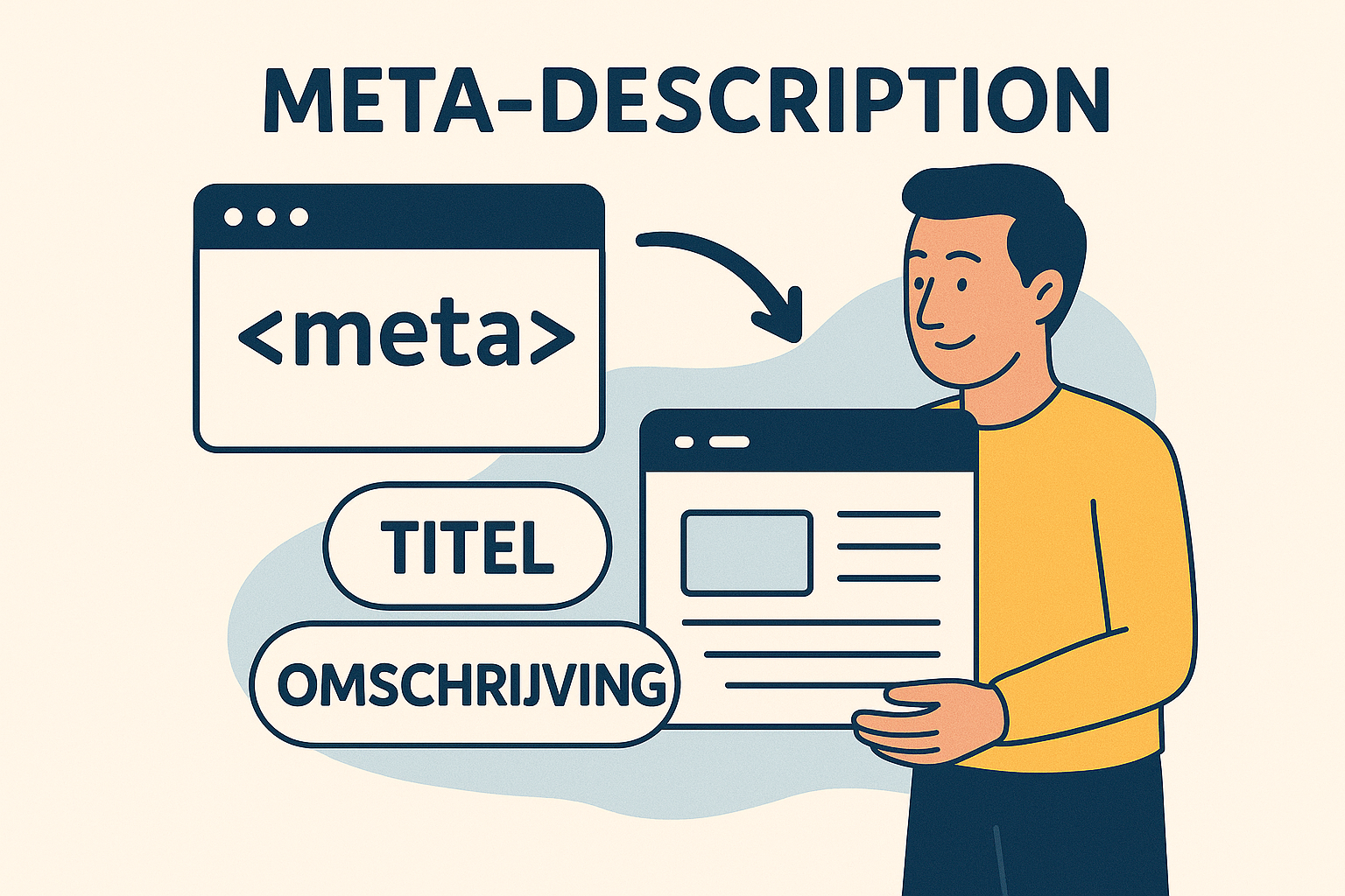 Illustratie van meta-description met webpagina, titel en omschrijving voor SEO-doeleinden.