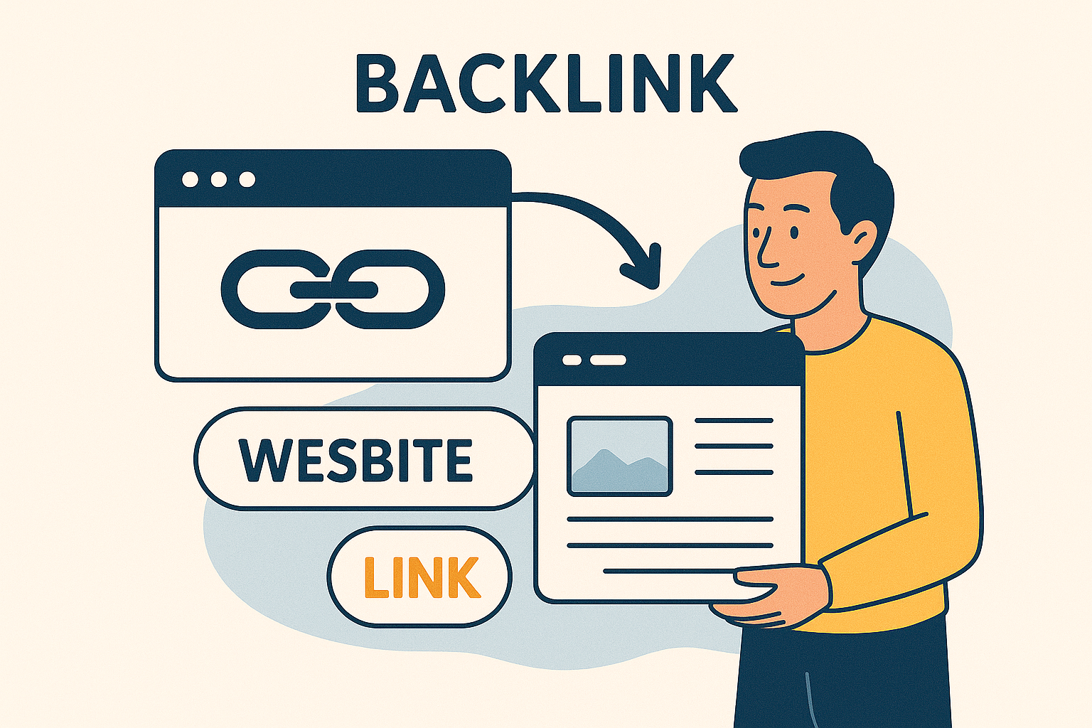 Illustratie van backlink met een webpagina, kettingicoon en verwijzing naar een andere website.