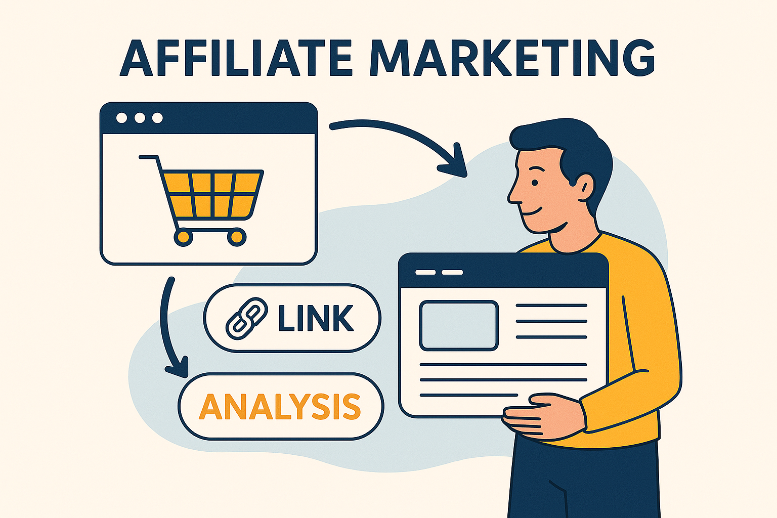 Illustratie van affiliate marketing met webshop, affiliate link en analyseproces.