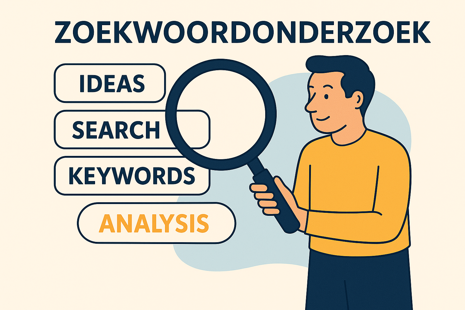 Illustratie van zoekwoordenonderzoek met vergrootglas en termen als ideeën, zoeken, keywords en analyse.
