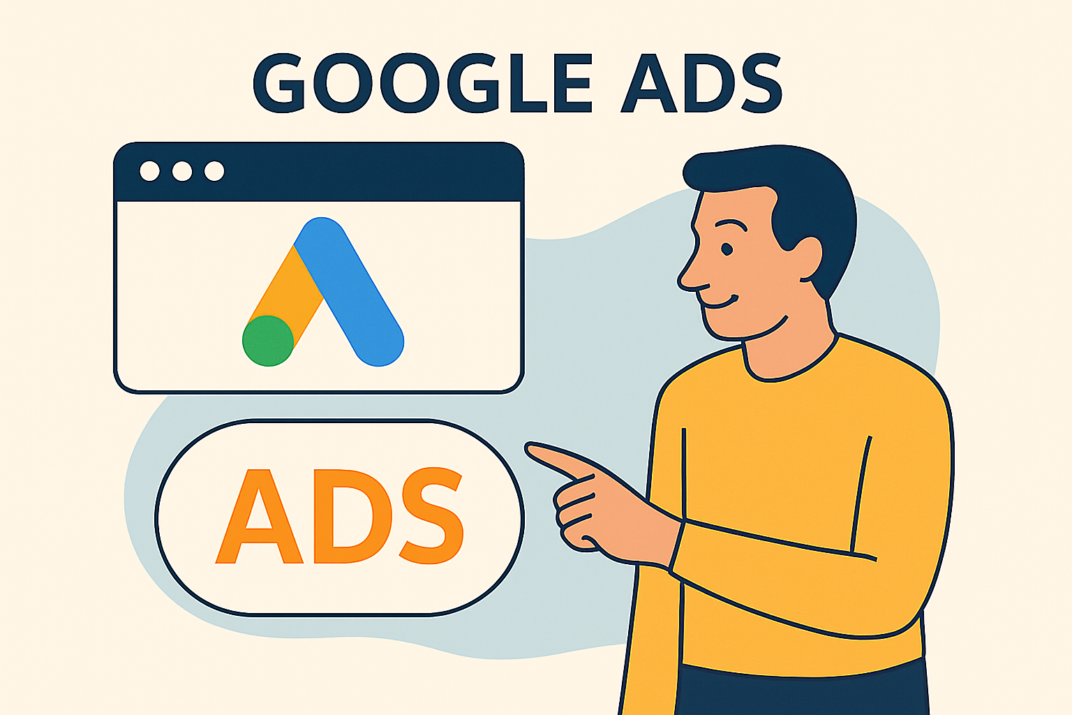 Illustratie van Google Ads met logo, advertentieknop en man die wijst naar het scherm.