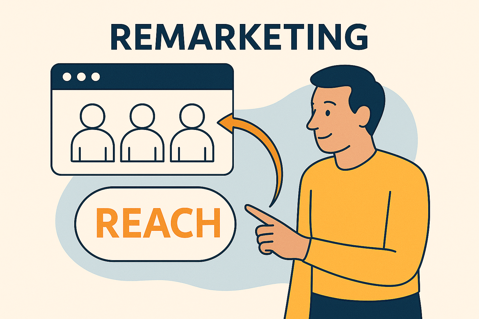 Illustratie van remarketing met een persoon, doelgroep en het woord "reach".